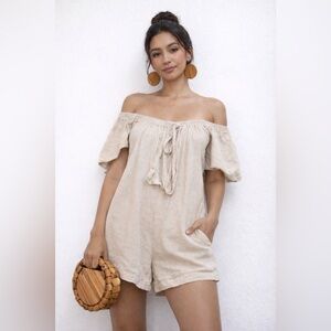 Hunter & Brown Linen Blend Off Shoulder Romper Cream Size Large Boho